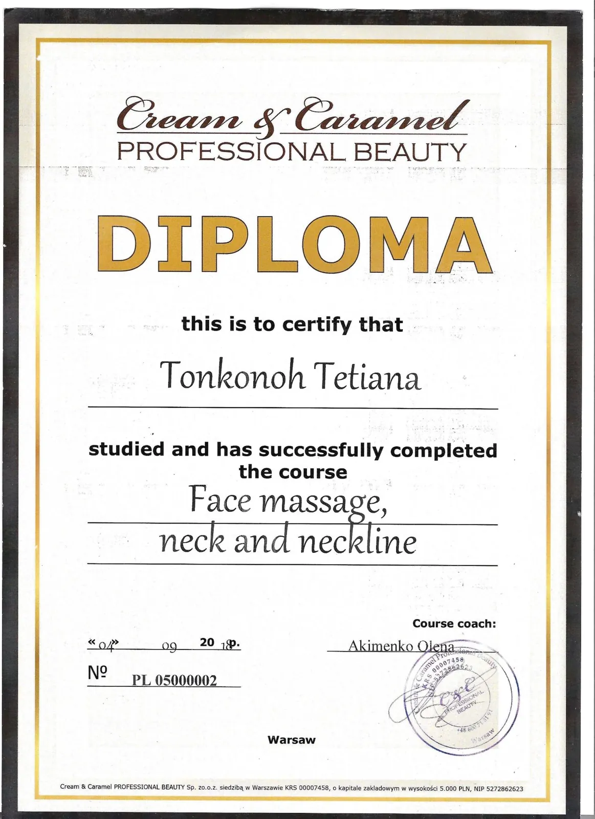 Face Massage, Neck and Neckline certificate