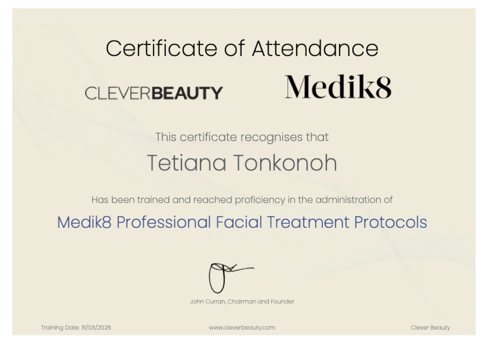 Medik8 Professional Facial Treatment Protocols certificate