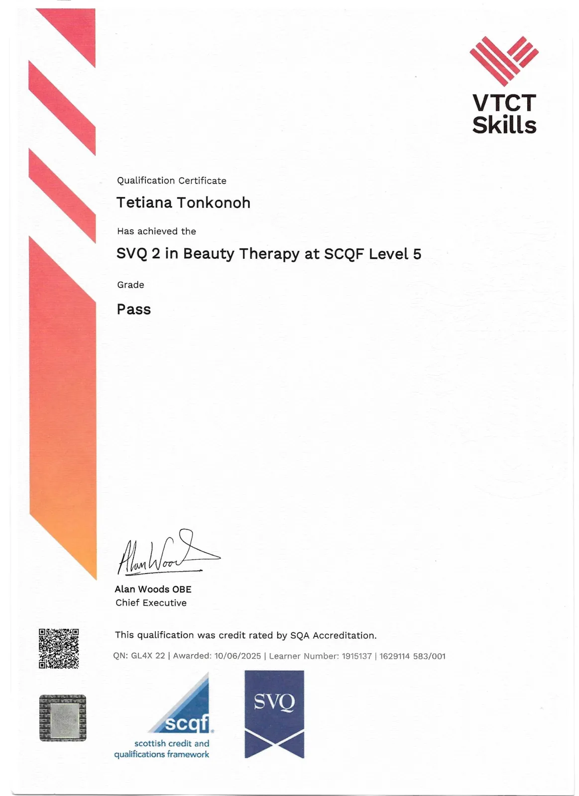 SVQ 2 in Beauty Therapy at SCQF Level 5 certificate