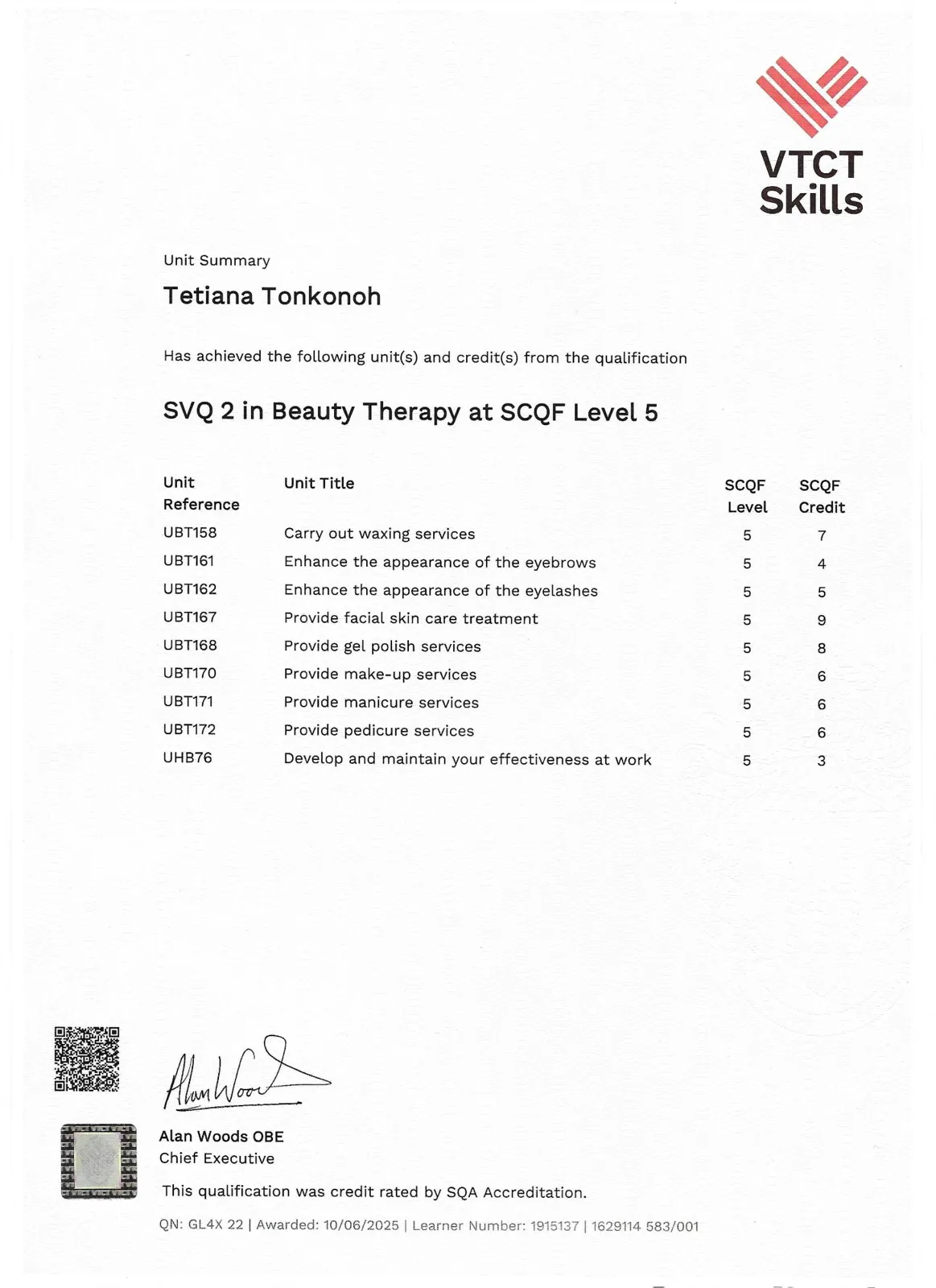 VTCT Unit Summary certificate